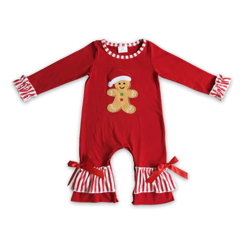 ᴡᴇᴇᴋʟʏ ᴘʀᴇ ᴏʀᴅᴇʀ Christmas Embroidered Gingerbread Red Ruffle Romper