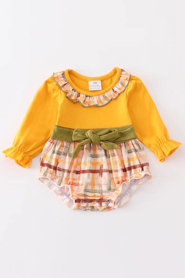 12mo ʀᴇᴀᴅʏ ᴛᴏ ꜱʜɪᴘ! Mustard Plaid Tie Back Romper