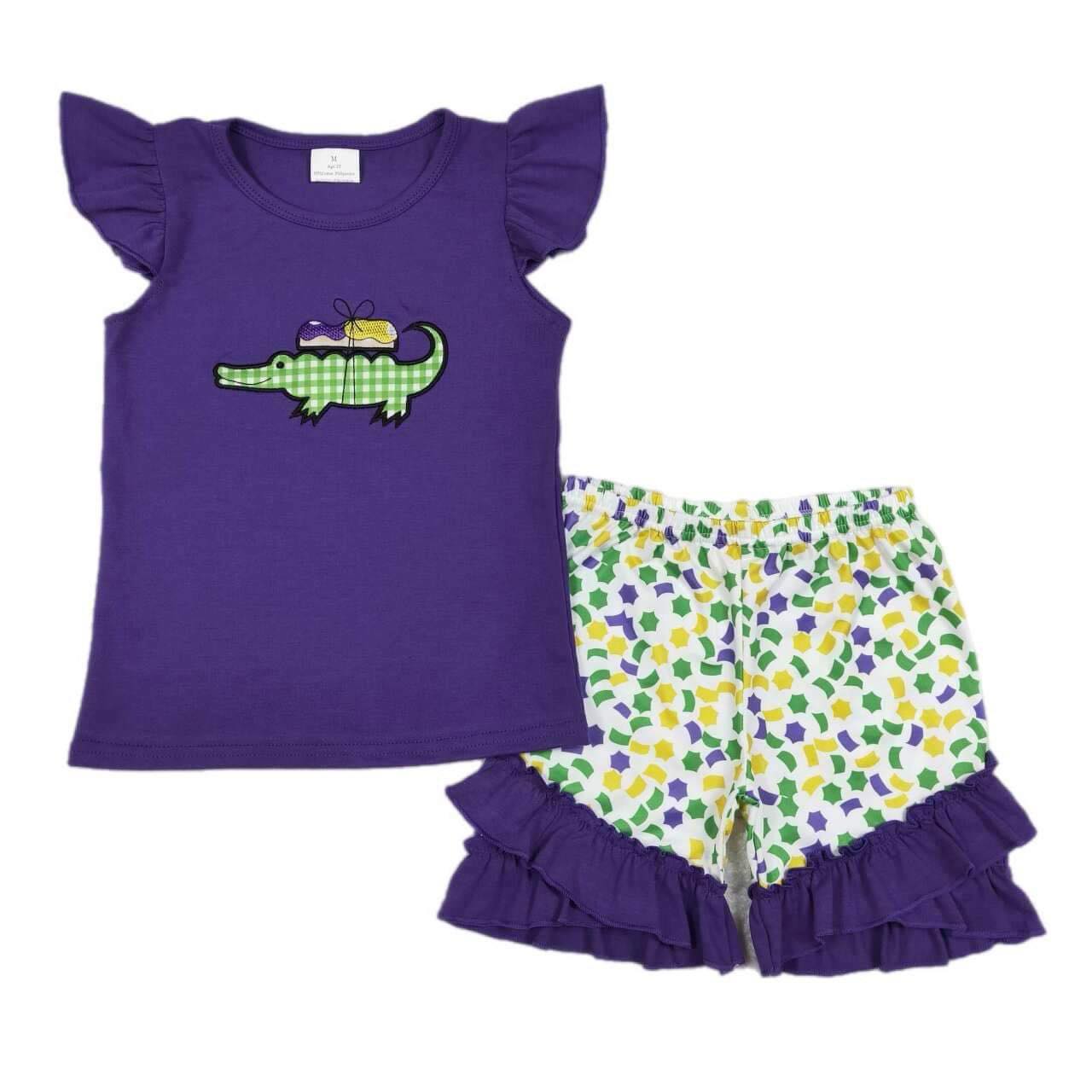 ᴡᴇᴇᴋʟʏ ᴘʀᴇ ᴏʀᴅᴇʀ Embroidered Mardi Gras Alligator Shorts Set